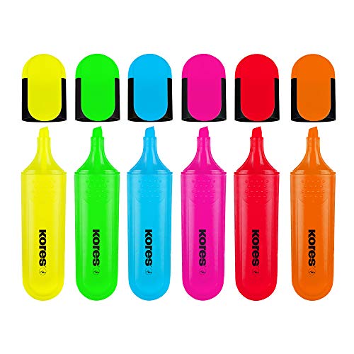 Kores - Bright Liner Plus: Coloured Fluorescent Highlighter Pens, Chisel Tip and Water-based Ink, Ergonomic Shape, School and Office Supplies, Pack of 6 Assorted Colours