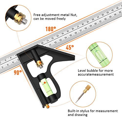 Combination Square, 12'/300mm Stainless Steel Combo Square Carpentry Tools, 45/90 Degree Ruler with Bubble Level for Accurate and Adjustable Woodworking Measurement.