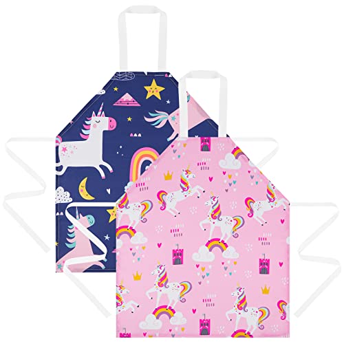 HOTUT 2 Pcs Kids Aprons, Cartoon Style Adjustable Child Chef Aprons, Unicorn Print Children's Apron for Kids Toddler Painting Baking Artist (PinkandBlue)