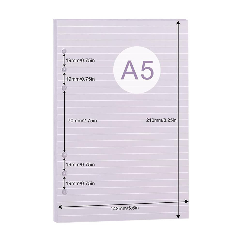 Lined Refill Paper 100 Sheet A5 Coloured for Filofax - 6 Punched Holes Loose-Leaf Refillable Lined Paper, A5 Diary Planner Inserts Refills for Notes Meeting Travel Record