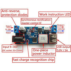 JZK 24V / 12V to 5V 5A Power Buck DC-DC Power Down Module Power Supply Video Converter Board with LEDs