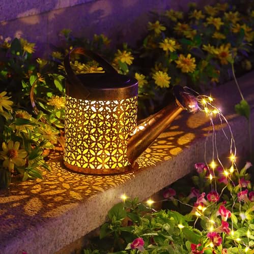 Lysliv Solar Watering Can Light Garden Ornaments Lights LED Waterproof Solar Watering Can with Cascading Lights Gardening Lamps Garden Atmosphere Lighting Décor (Coins)