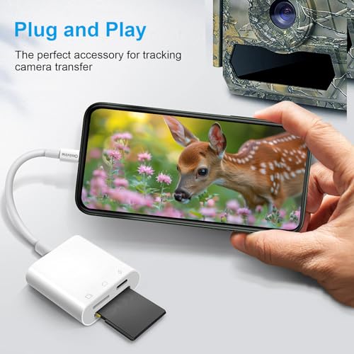 Omivine 3-IN-1 SD Card Reader for iPhone, SD&TF Dual Slots Memory card reader for iPad, MicroSD Camera Card Adapter with Charging for Trail Game Camera, Drone, etc. Charging&Reading Simultaneously