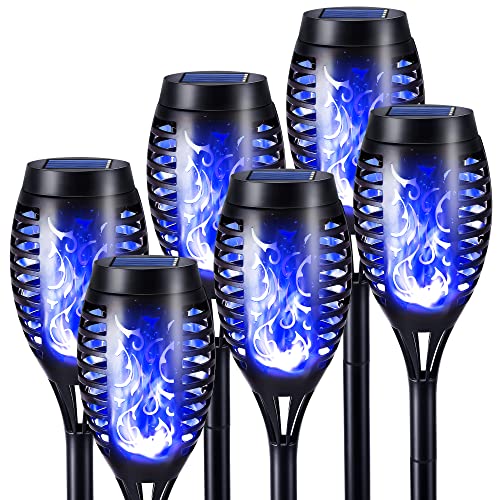 Geemoo 6 Pack Solar Flickering Dancing Blue Flame Lights Waterproof Solar Torch Lights for Outdoor Garden Patio Pathway Yard Tomb Halloween Decorations