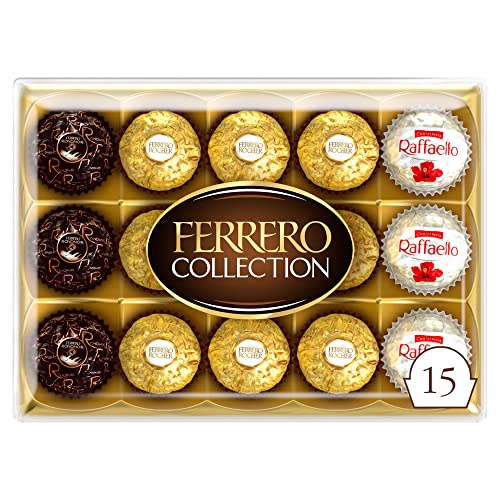 Ferrero Collection Pralines, Chocolate Gift Hamper, Treat Box, Mothers Day Gifts, Assorted Rocher, Coconut Raffaello and Dark Chocolate Rondnoir, Box of 15 (172g)