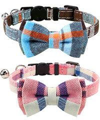 Joytale Cat Collar with Bell and Bow Tie, Quick Release Safety Collars for Kitten and Cats, Soft Tartan Collar, 2 Pack, Haze blueandPink