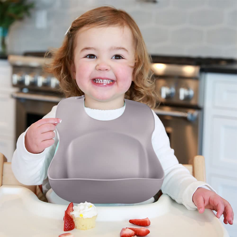 Vicloon Silicone Baby Bib, 2PCS Baby Weaning Bibs, Waterproof Baby Feeding Bibs Adjustable with Wide Food Catcher Pocket Unisex Toddler Bibs (Grey-Brown)