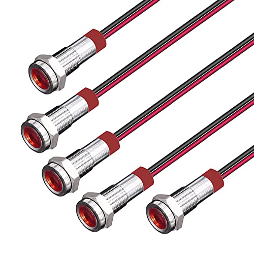 Gebildet 5pcs 6mm 3V-4.5V-5V-6V-7.5V-9VDC Waterproof Signal Lamp with Wire, LED Metal Indicator Light Energy Saving(Red)