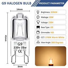 Caldarax 12 Pack G9 Halogen Bulbs 28W 230V Dimmable, 2700K Warm White, 320lm, G9 Clear Capsule Halogen Bulb, for Oven, Table Lamps, Cabinet Lights, Cooker Hood