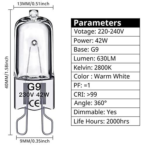 SILKIT G9 Halogen Light Bulbs 42W, Dimmable G9 Capsule Bulbs, Warm White 2800K, Flicker Free, 10 Pack