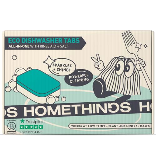 Homethings, 40 Eco-Friendly Dishwasher Tablets, Eco 3-in-1 Dishwasher Tabs, Highly Effective Cleaning, No Toxic Chemicals, Vegan & Cruelty-Free, No Animal Testing, Made in EU