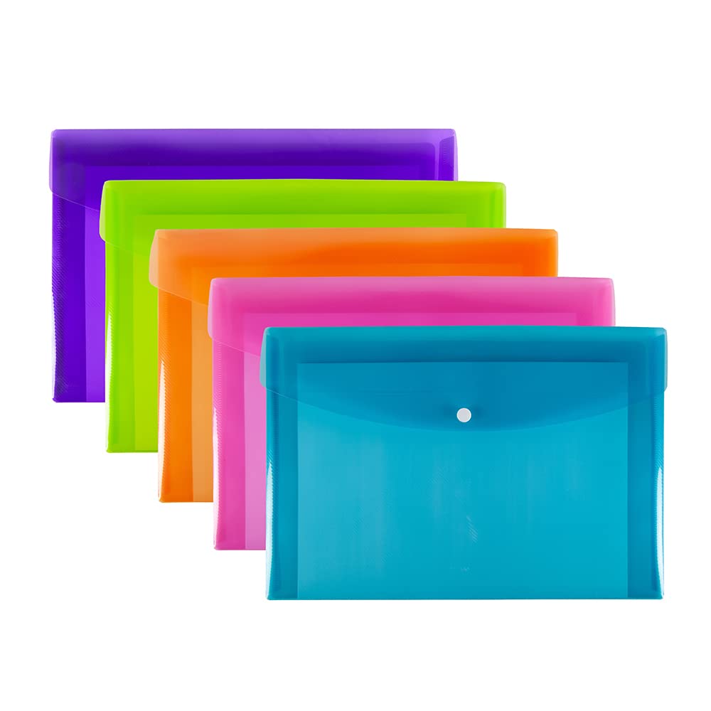 SUMMIT A4and Plastic Popper Wallets, Assorted Colours, Document Folders, Pack of 5