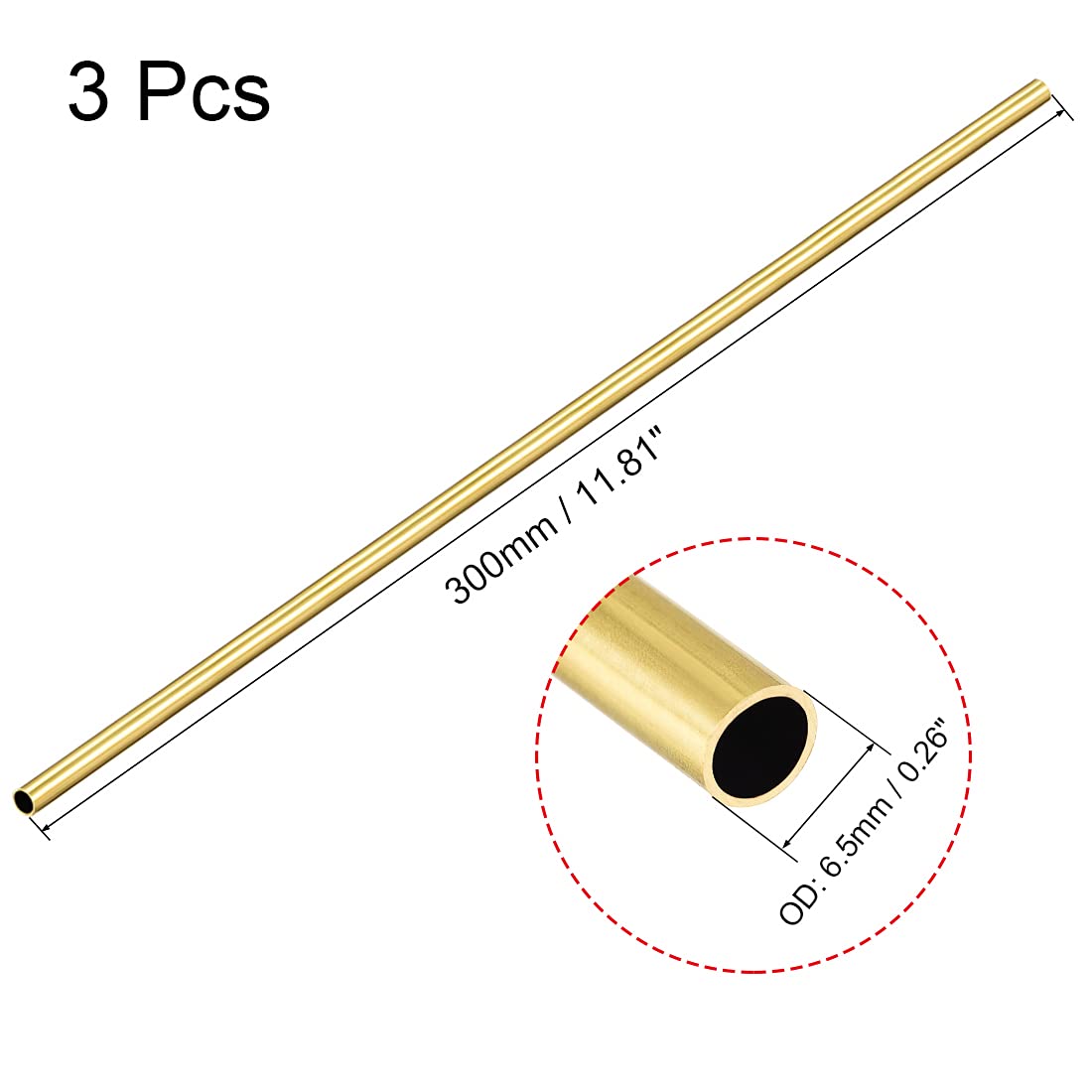 sourcing map Brass Round Tube, 300mm Length 6.5mm OD 0.5mm Wall Thickness, Seamless Straight Pipe Tubing 3 Pcs