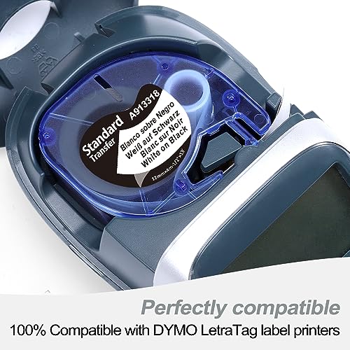 Wonfoucs Compatible Dymo Letratag Label Tape White on Black 913318, Replacement for Dymo Plastic Label Tape for Dymo LT-100H LT-100T LT-110T 200B QX50 XR 2000 Label Maker Tape, 5-Pack