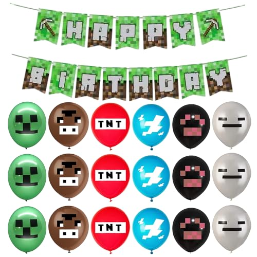 Minecraft Birthday Balloons, 18PCS 12 inch Latex Minecraft Balloons 1PCS Minecraft Style Happy Birthday Banner Party Decorations for Minecraft Players