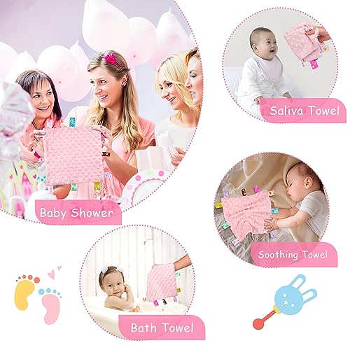 Deepton 2 Pcs Taggies for Babies, 25 x 25 CM Taggy Blanket, Cotton Baby Security Blanket, Tag Security Blankets with Colorful Sensory Label, Soothing Plush Baby Comforter Blanket - Pink