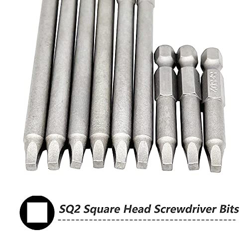 Saipor Set of 9 Pieces Magnetic SQ2 Square Head Screwdriver Bits 1/4 Inch Hex Shank Square Drive Bit Security Electric Screw Driver Drill Bit for Electric Hand Screwdrivers, 50/100/150mm Length