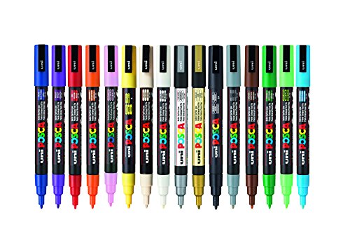 POSCA PC-3M Water Based Permanent Marker Paint Pens. Fine Tip for Art & Crafts. Multi Surface Use on Wood Metal Paper Canvas Cardboard Glass Fabric Ceramic Rock Stone Pebble Porcelain. Set of 16