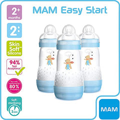 MAM Easy Start Self Sterilising Anti-Colic Baby Bottle Pack of 3 (3 x 260 ml), Anti-Colic Bottle with Medium Flow MAM Teats Size 2, Newborn Essentials, Blue (Designs May Vary)