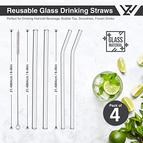 WZ Glass Straws- Clear Reusable Glass Straw- Durable Glass Straws Drinking for Smoothie Cocktail Milkshake Cold Drinks (Pack of 2 Straight 2 Bent Drinking Straws and 1 Straw Cleaner)