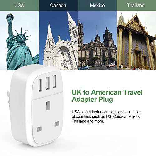 UK to US Adaptor Plug, USA Travel Adapter with 3 USB Ports, American Thailand Mexico Colombia Grounded Charger, Iroussa 4 in 1 Plug Adapter from UK to USA for iPhone, iPad, Android, Samsung (Type B)