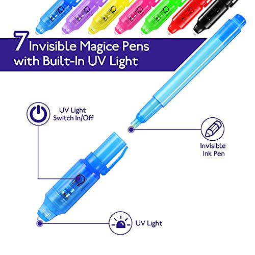 DazSpirit 7pcs Invisible Ink Pen Notebook Party Bag Fillers for Boys and Girls, Magic Marker Pens with UV Light for Kids, Spy Pens Invisible Ink for Writing Secret Message