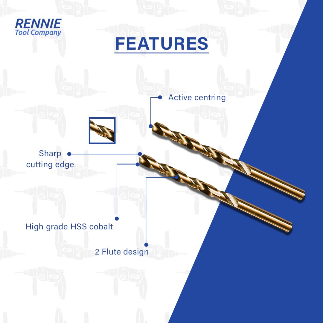 Rennie Tools - Box of 10 x 2.5mm HSS Gold Cobalt Jobber Drill Bit Set For Stainless Steel, Hard Metals, Aluminium, Cast Iron, Copper. Twist Drill Bit Sets Supplied In A Box. 2.5mm Drill Bit Set