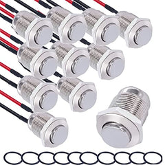 RUNCCI-YUN 10 Pieces 12 mm Momentary Push Button Switch Waterproof Push Button Switch Round Momentary Switch with Pre wiring,DIY Stainless Steel Normally Open Metal Push Start Button (High Head)