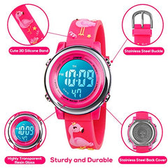 Bigmeda Kids Digital Watch, 3D Cartoon Sports Watch for 3-10 Year Boys Girls, Time Date Display, 7 Color Backlight, Stopwatch, Alarm Functions Kids Waterproof Wrist Watch (Flamingo)