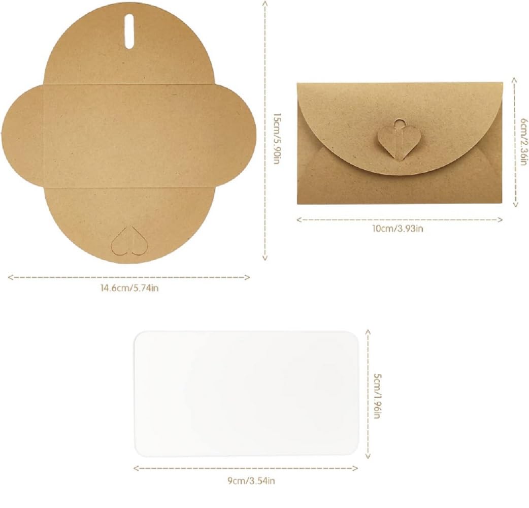 CAA Trading™ 20pcs Mini Gift Envelopes with Heart Clasp and White Mini Cards 7cm x 10cm Kraft Paper (10 Envelopes and 10 White Mini Cards)
