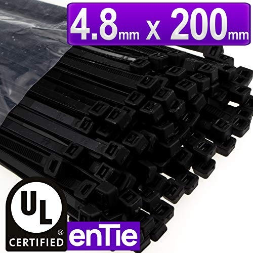 enTie Black Cable Ties 4.8mm x 200mm Nylon 66 UL Approved [100 Pack] [200mm x 4.8mm]