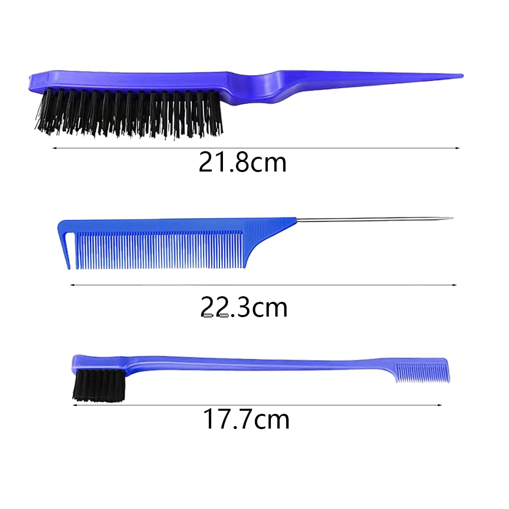 3 Pieces Hair Styling Comb Set, Double Sided Edges Brush, Teasing Hair Brush Rat Tail Comb, Plastic Bristle Hair Brush, Edge Control Brush, for Home, Hairdressers(Blue)