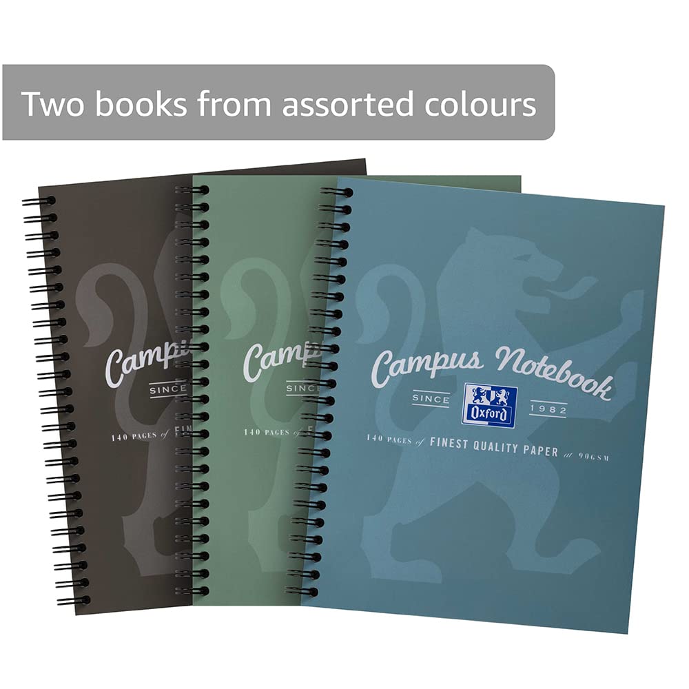 Oxford Campus, A5 Card Cover, Pack of 2, Wirebound Notebook, 140 Pages, Assorted Metallic Colours