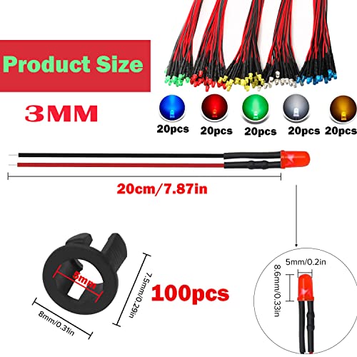 RUNCCI-YUN 100pcs 3mm prewired led，LED Diodes Light 3V-12V 20cm Pre Wired ledand 100Pcs 3mm Plastic LED Holder Holder Clip Cable for model railway