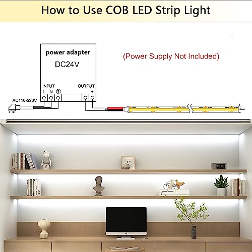 COB LED Strip 5M, Daylight White 6000K LED Strip Light DC24V, 480leds/M, CRI90and Super Bright Uniform Dotless LED Tape Lights for Cabinet Kitchen Home DIY Indoor Lighting Projects (No Power Supply)