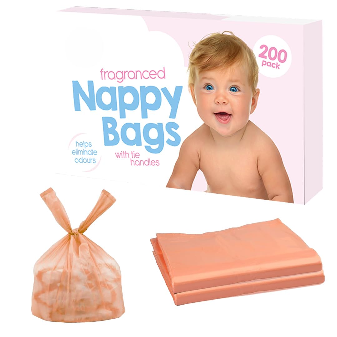 200 Coloured Nappy Bags with Tie Handles - Fragranced for Eliminating Odours, Durable and Leak-proof, Light-weight and Perfect for Babies Travel Bags (200 Nappy Bags)