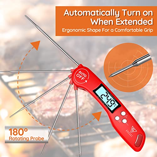 DOQAUS Cooking Thermometer, Digital Instant Read Food Thermometer Meat Thermometer Kitchen Thermometer with Foldable Probe, Backlit LCD Screen, Auto On/Off for BBQ, Grill, Suger, Milk, Deep Fry (Red)