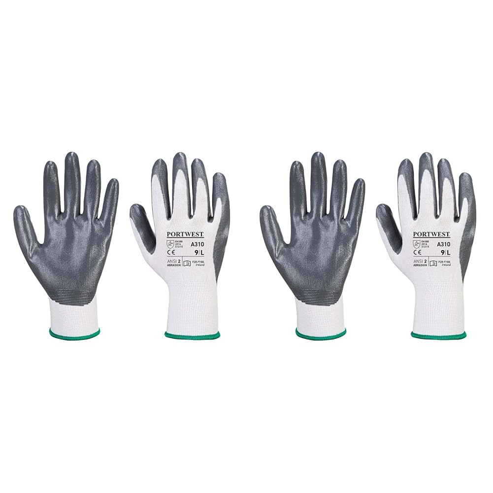 Portwest A310 Abrasion Resistant Flexo Grip Nitrile Glove Grey/White, Medium (Pack of 2)