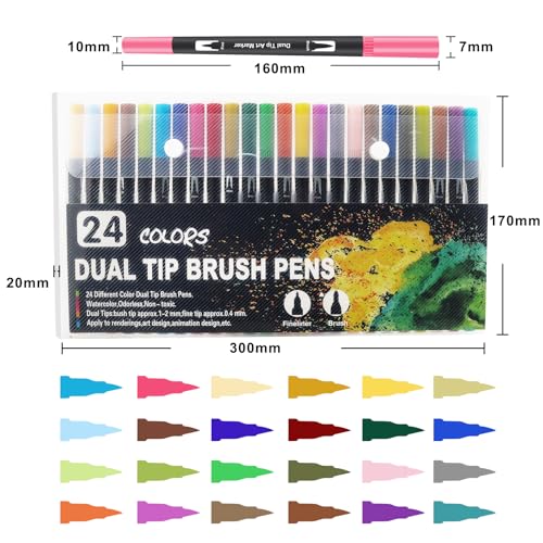 Funnasting Colouring Pens Dual Tip Brush Pens, 24 Colors Felt Tip Pens for children and Adults, Brush Marker Pens for Colouring Book Journal Drawing Lettering Sketching