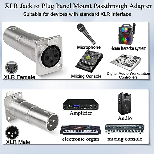 QIANRENON XLR Female to Male Panel Mount Microphone Connector 3 Pin XLR Jack to Plug Mounting Adapter Coupler XLR Feedthrough Mount Socket, for Microphone Mixer Audio Device, Silver