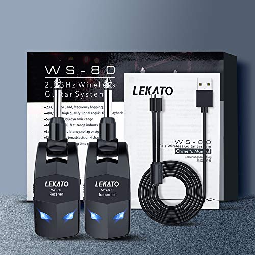 LEKATO 2.4GHz Guitar Wireless System 8Hs Runtime Wireless Guitar Transmitter Receiver Rechargeable Digital Guitar System Cordless Electric Guitar Cable Lead For Guitars Bass(WS80)