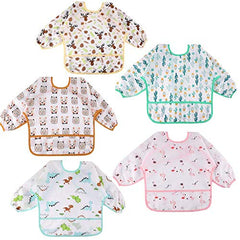 Lictin Baby Bibs with Sleeves, 5 Pcs Waterproof Long Sleeve Bib Unisex Feeding Bibs Apron for Infant Toddler 2-5 years