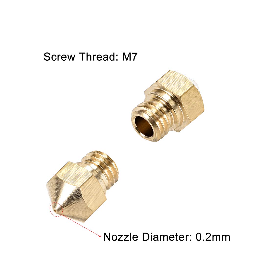 sourcing map 5pcs 3D Printer Nozzle,Brass Nozzle 0.2mm,Extruder Print Head for Filament 1.75mm M7 3D Printer