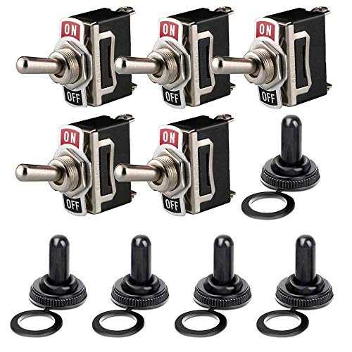 Gebildet Rocker Toggle Switch with Waterproof Boot Cap Cover, 12V-24V-48V-110V/10A, 220V-230V/6A, 2 Pin SPST ON/OFF Switch, Used for Car Auto Truck Boat (Pack of 5, Black)