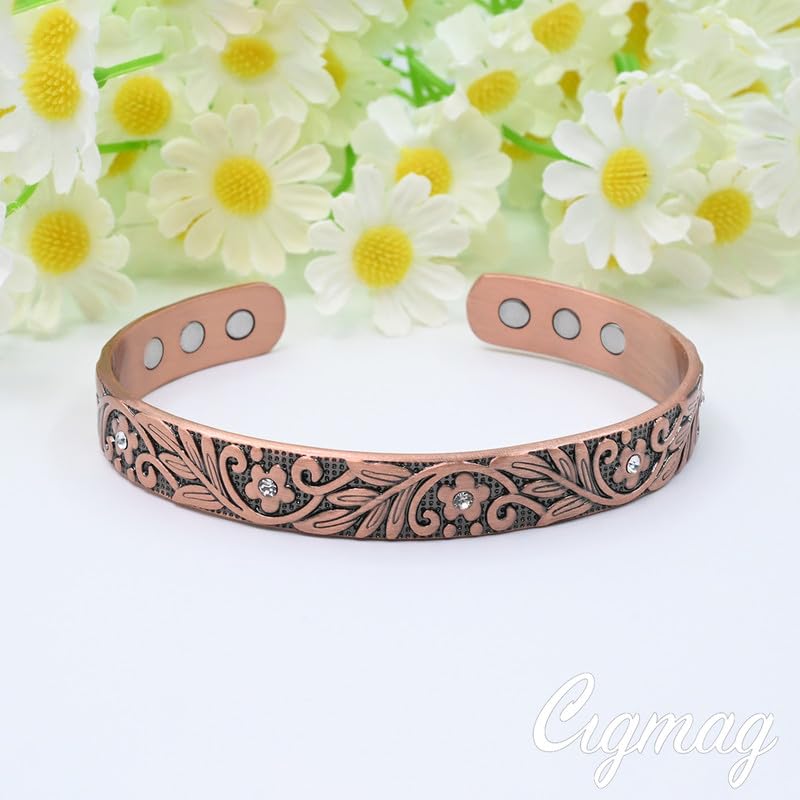 Cigmag 9X Lymphatic Drainage Copper Magnetic Bracelet for Women 99% Solid Pure Copper Ultra Strength Magnet Adjustable Brazaletes Cuff Bangle with Gift Box (Copper Crystal Plum Pattern)