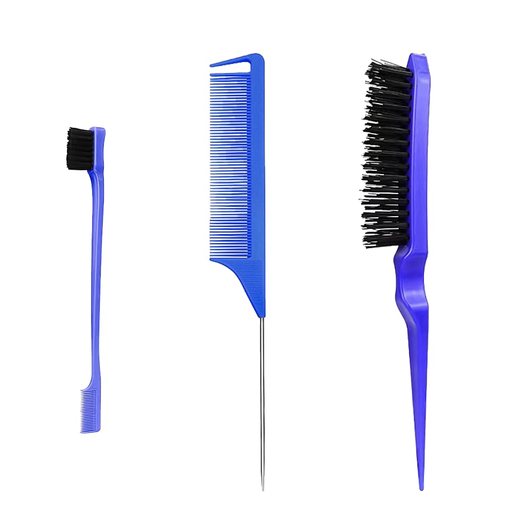 3 Pieces Hair Styling Comb Set, Double Sided Edges Brush, Teasing Hair Brush Rat Tail Comb, Plastic Bristle Hair Brush, Edge Control Brush, for Home, Hairdressers(Blue)