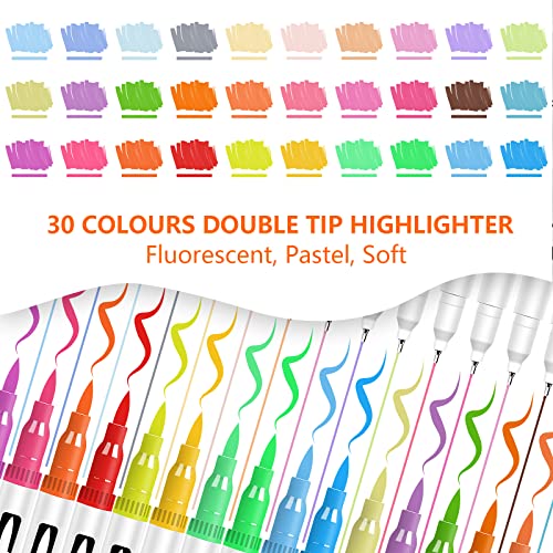 Efimeso 30 Colour Pastel Highlighters Pens, Aesthetic Double Highlighters Pastel Marker With Soft Tip Fine Tip, Cute Stationary Sets Accessories For Planner Notes School Supplies