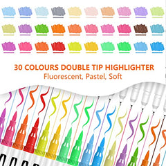 Efimeso 30 Colour Pastel Highlighters Pens, Aesthetic Double Highlighters Pastel Marker With Soft Tip Fine Tip, Cute Stationary Sets Accessories For Planner Notes School Supplies