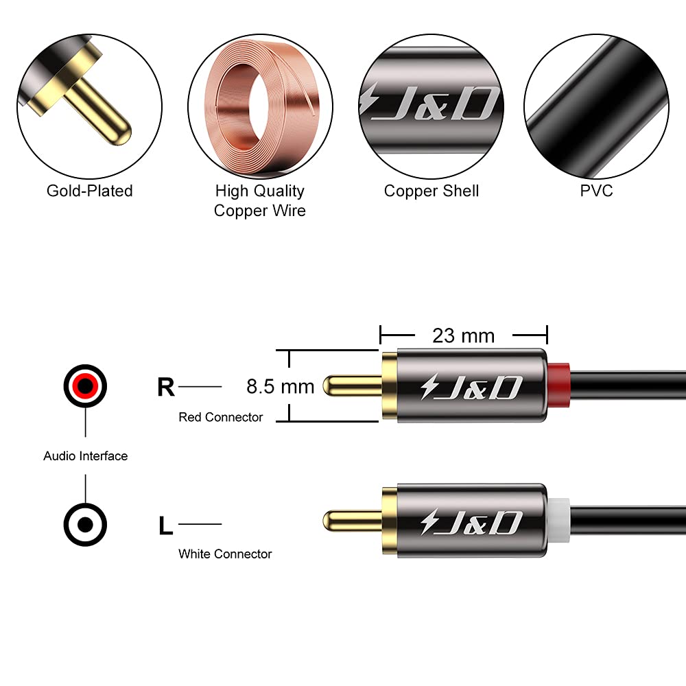 J&D RCA Cable, (2 Pack) Gold-Plated 2RCA Male to 2RCA Male Copper Shell Stereo Audio Cable, RCA Audio Cables, 0.9 Meter