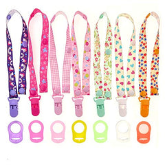 JZK 7 x Multicolor Silicone Baby Dummy Clip Ring for Girls and 7 x Pacifier Clip Dummy Holder Straps for Girls, Suitable for Baby mam soothers